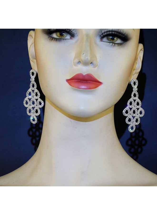 CHRAN Silver Crystal Teardrop Dangle Earrings Rhinestone Chandelier Bridal Jewelry Long Size 2.87" - Image 3