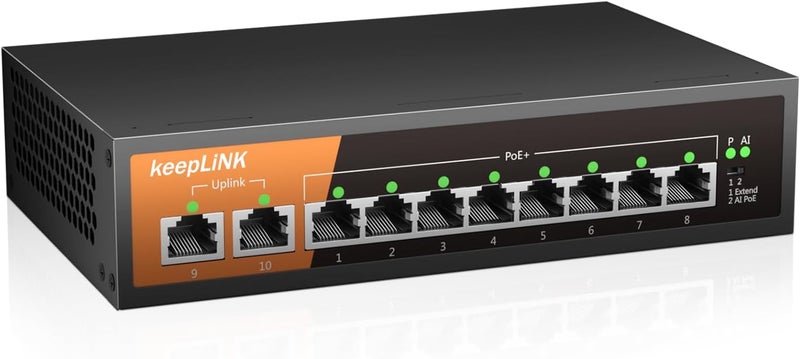 keepLiNK 10 مفتاح PoE ذو 10 منافذ، 8 منافذ PoE+ بسرعة 100 ميجابت في الثانية، منفذا توصيل علوي بسرعة 100 ميجابت في الثانية، 135 واط 802.3af/at، تمديد إلى 250 متر، معدني بدون مروحة، تشغيل فوري، مفتاح إيثرنت غير مُدار - Image 1