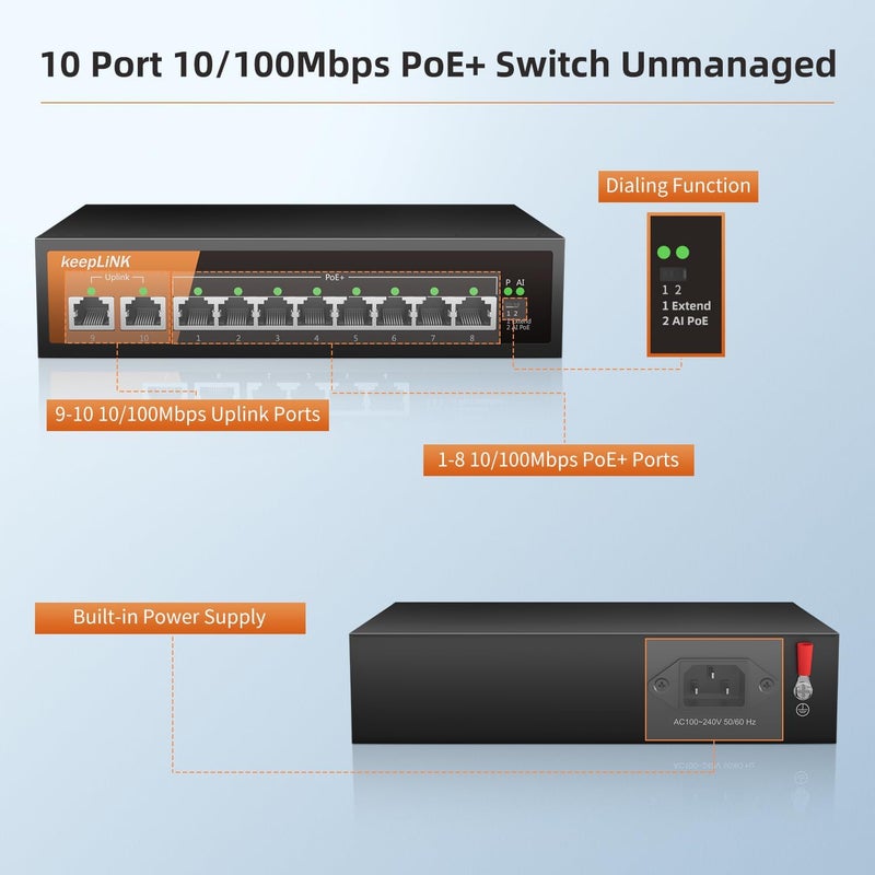 keepLiNK 10 مفتاح PoE ذو 10 منافذ، 8 منافذ PoE+ بسرعة 100 ميجابت في الثانية، منفذا توصيل علوي بسرعة 100 ميجابت في الثانية، 135 واط 802.3af/at، تمديد إلى 250 متر، معدني بدون مروحة، تشغيل فوري، مفتاح إيثرنت غير مُدار - Image 2