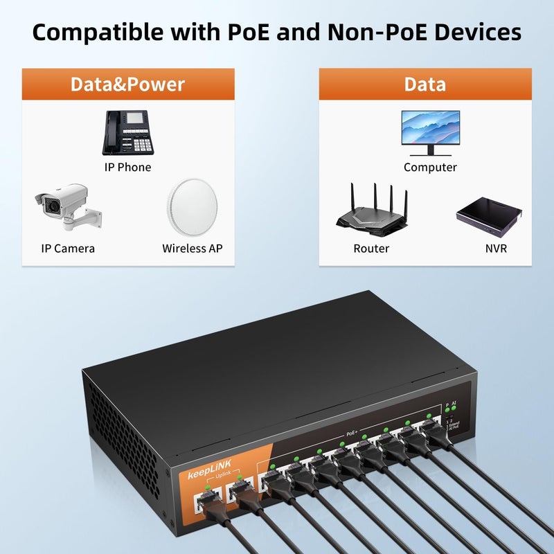 keepLiNK 10 مفتاح PoE ذو 10 منافذ، 8 منافذ PoE+ بسرعة 100 ميجابت في الثانية، منفذا توصيل علوي بسرعة 100 ميجابت في الثانية، 135 واط 802.3af/at، تمديد إلى 250 متر، معدني بدون مروحة، تشغيل فوري، مفتاح إيثرنت غير مُدار - Image 5