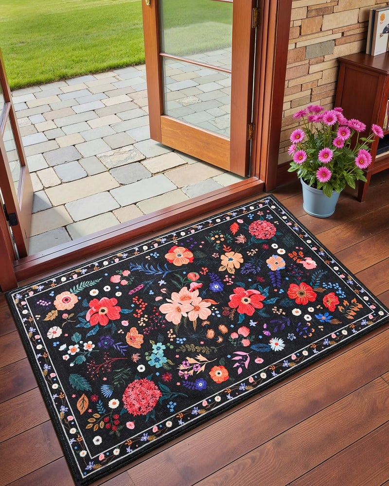 Macgace 2x3 Small Floral Rug for Entryway Flowers Printed Washable Rugs with Non Slip Backing for Girls Bedroom Kitchen Cute Throw Carpet Front Door Entry Decor Black - Image 2