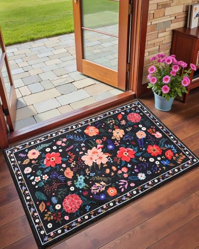 Macgace 2x3 Small Floral Rug for Entryway Flowers Printed Washable Rugs with Non Slip Backing for Girls Bedroom Kitchen Cute Throw Carpet Front Door Entry Decor Black - Image 1
