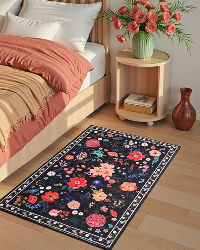 Macgace 2x3 Small Floral Rug for Entryway Flowers Printed Washable Rugs with Non Slip Backing for Girls Bedroom Kitchen Cute Throw Carpet Front Door Entry Decor Black - Image 3