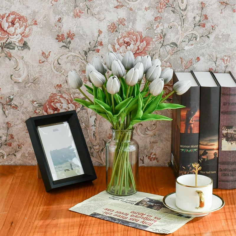 Mandy's Artificial Tulips 20 Stems Silver Grey PU Faux Flowers for Thanksgiving and Christmas Decorations Wedding Home Decor 13.5 Inch - Image 3