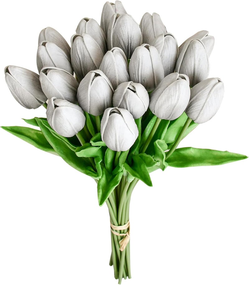 Mandy's Artificial Tulips 20 Stems Silver Grey PU Faux Flowers for Thanksgiving and Christmas Decorations Wedding Home Decor 13.5 Inch - Image 1