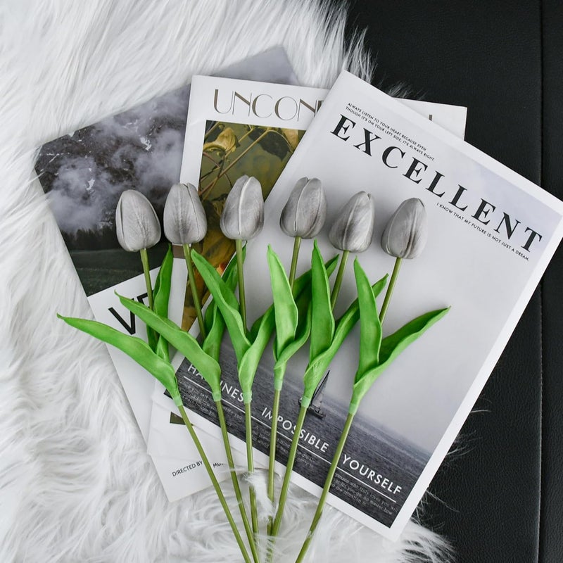 Mandy's Artificial Tulips 20 Stems Silver Grey PU Faux Flowers for Thanksgiving and Christmas Decorations Wedding Home Decor 13.5 Inch - Image 5