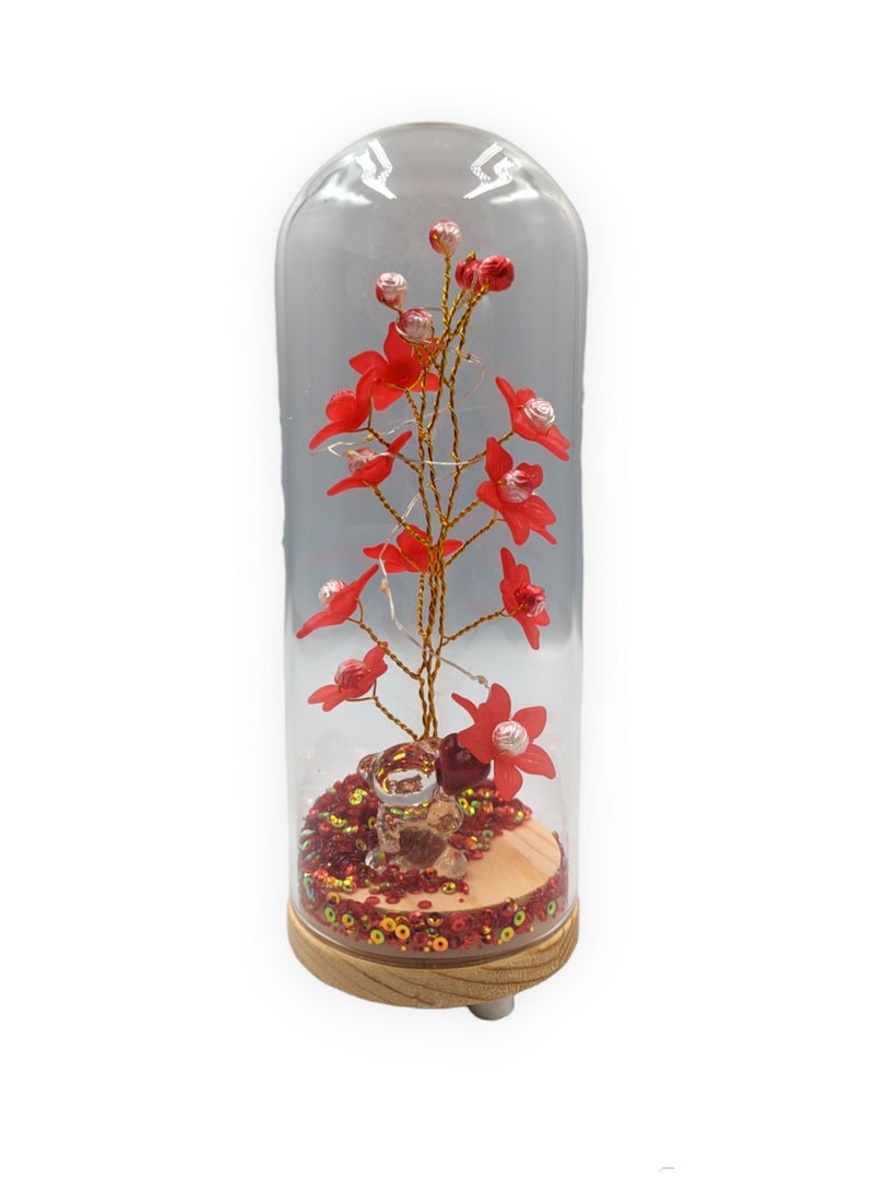 UNT Wish Tree With Tiny Teddy Bear and Glitter in Glass Dome - Image 1