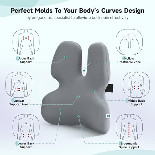 2Buds Lumbar Support Pillow For Office Chair, Back Support Pillow For Car, Computer, Gaming Chair, Recliner Memory Foam Back Cushion For Pain Relief Improve Posture (Grey) - Image 2