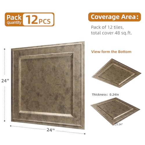 WOWSTAR 12-Pack 24"x24" Drop Ceiling Tiles, Waterproof Glue up Ceiling Panels, Modern Style 3D Wall Panels, Antique Gold - Image 5