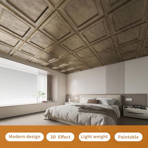 WOWSTAR 12-Pack 24"x24" Drop Ceiling Tiles, Waterproof Glue up Ceiling Panels, Modern Style 3D Wall Panels, Antique Gold - Image 2