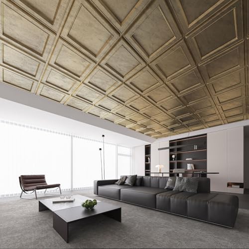 WOWSTAR 12-Pack 24"x24" Drop Ceiling Tiles, Waterproof Glue up Ceiling Panels, Modern Style 3D Wall Panels, Antique Gold - Image 3