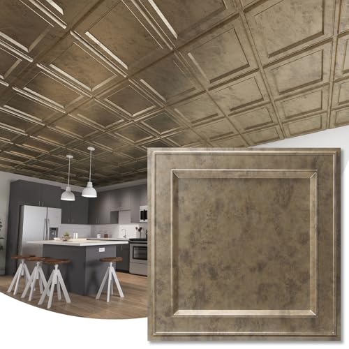WOWSTAR 12-Pack 24"x24" Drop Ceiling Tiles, Waterproof Glue up Ceiling Panels, Modern Style 3D Wall Panels, Antique Gold - Image 1