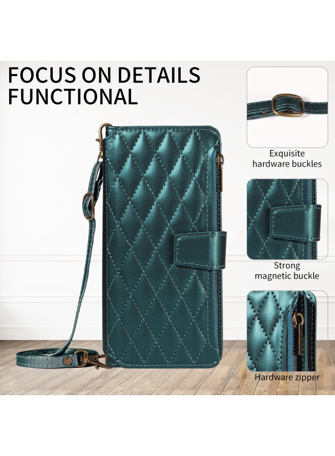For Apple SE4 Mobile Phone Leather Case Zipper Card Flip Phone Protective Case IPhone14pro Full-Covered Leather Case-Color:Green + Long Lanyard-Applicable Models:iPhone13Promax  - Image 1