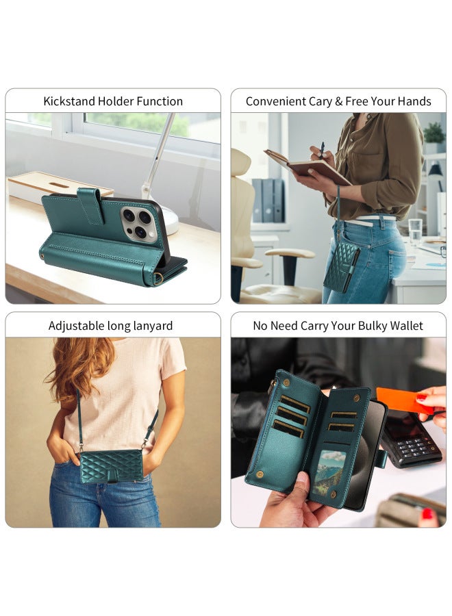 For Apple SE4 Mobile Phone Leather Case Zipper Card Flip Phone Protective Case IPhone14pro Full-Covered Leather Case-Color:Green + Long Lanyard-Applicable Models:iPhone13Promax  - Image 5