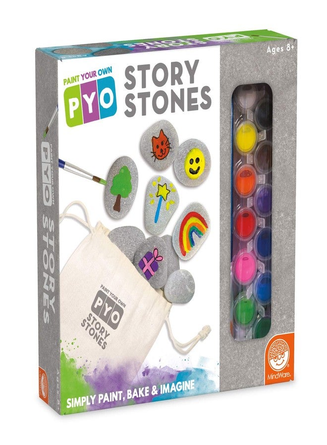 MindWare Paint Your Own Story Stones & Storytelling Game for Kids - DIY Kit Incldues 16 Stones, 12 Paints, 2 Brushes and Bag - Image 1