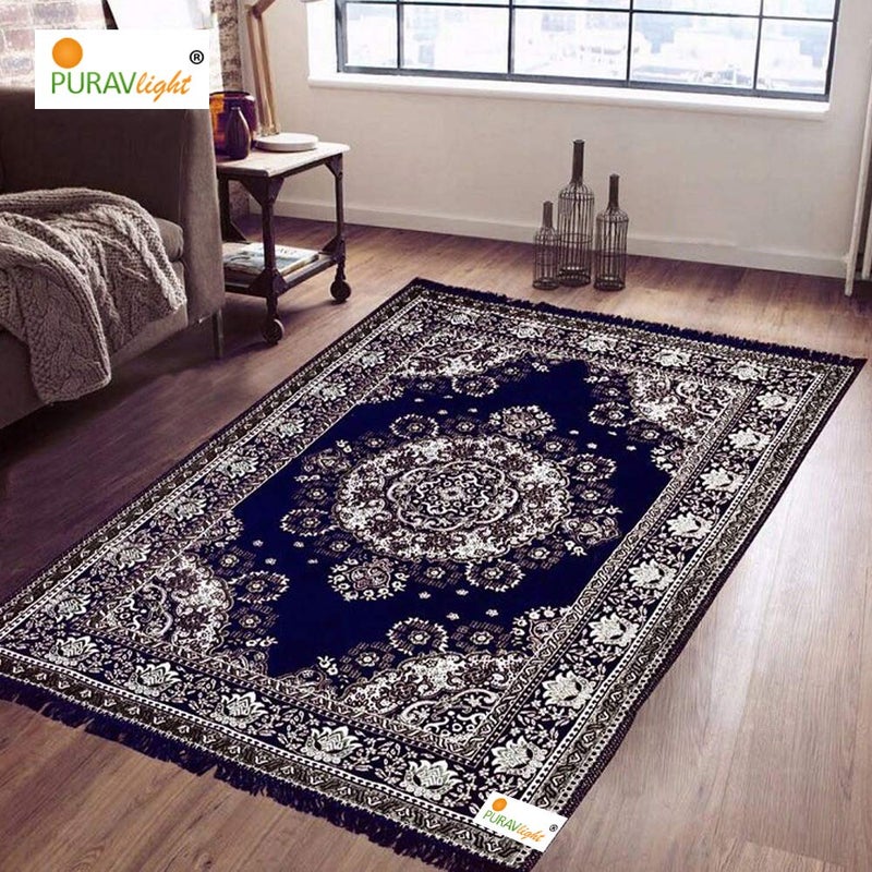 Purav Light Home Decor Cotton Carpets for Living Room 5x7 feet MultiUse Flower Design Carpet Mats Blue Colour - Image 1