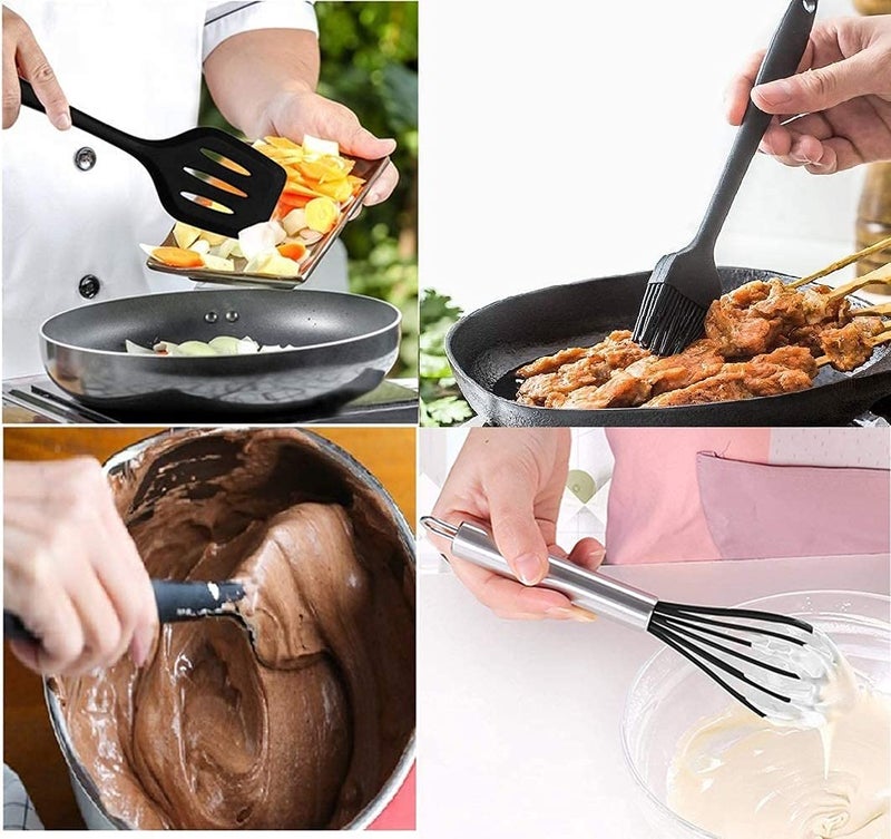 we3 Silicone Cooking Utensils Set, Kitchen Utensils Include Silicone Spatula Set, Turner, Brush, Whisk, Heat Resistant Non-Stick Cooking Tools (Black) - Image 5