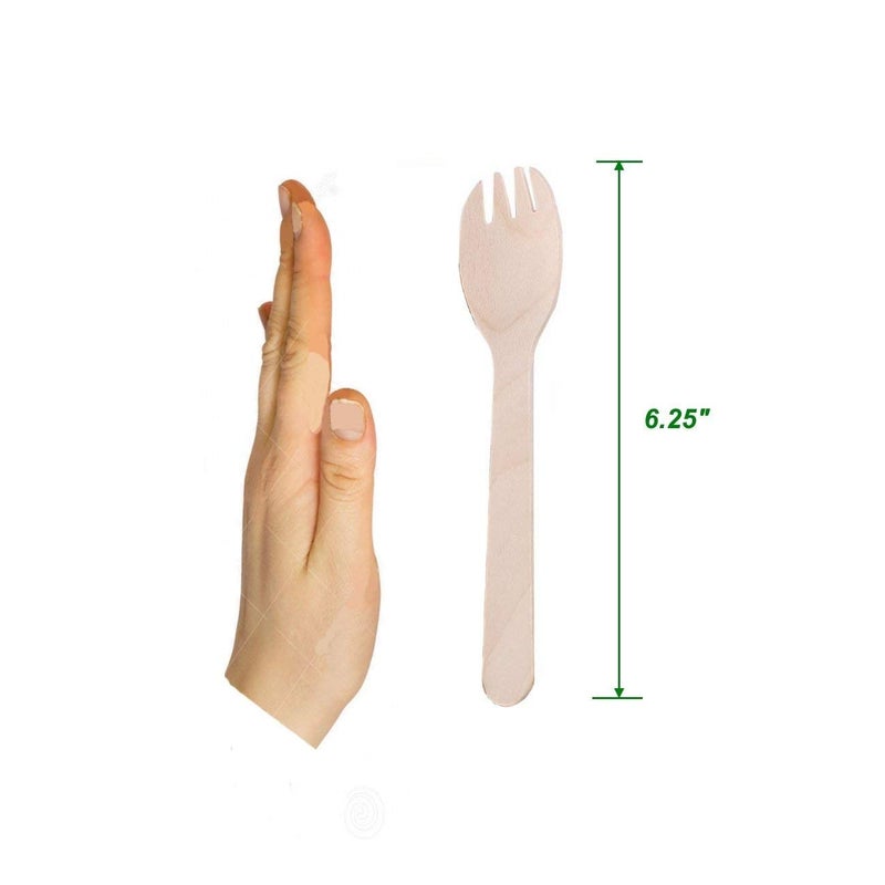 Gmark Eco-friendly Wooden Sporks 100 ct  Disposable Spoon Fork 2-in-1 Cutlery  6.25"" Birchwood Green Natural Product GM1033A - Image 3