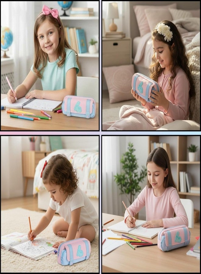 Buybeat Pencil Case Pouch for Girls & Boys Aesthetic Multi-Compartment Zipper Pouch with Drawstring Pocket, Cute Kawaii Pencil Case, Stylish Stationery Bag for School, College & Office Use (Rabbit Pink) - Image 4