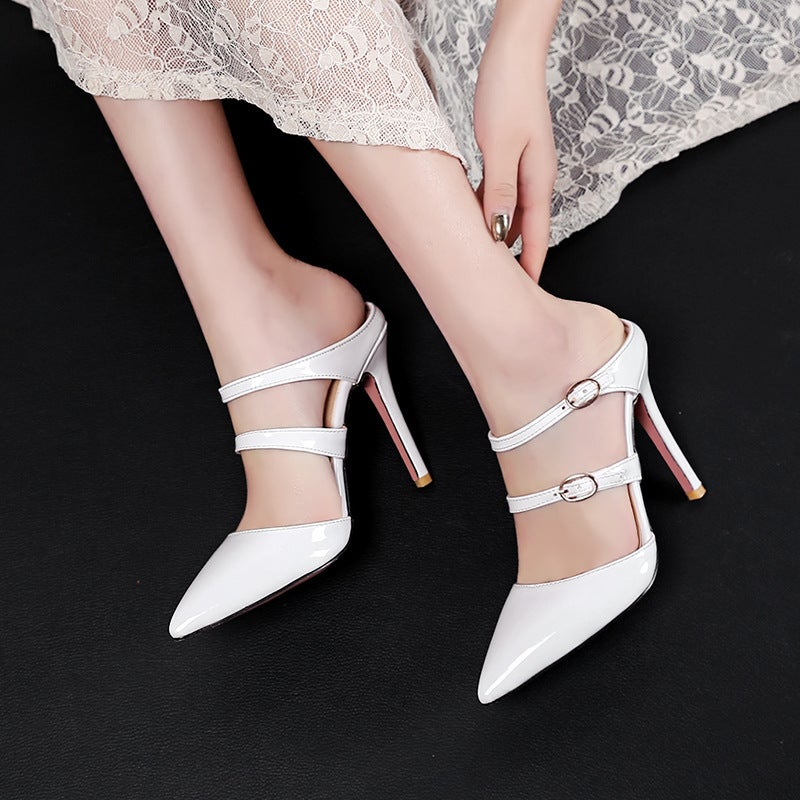 Vintage Summer High Heels Thick Heel High Heel Shallow Top Point Metal Stud Roman Style Sandals Oversized Shoes - Image 4