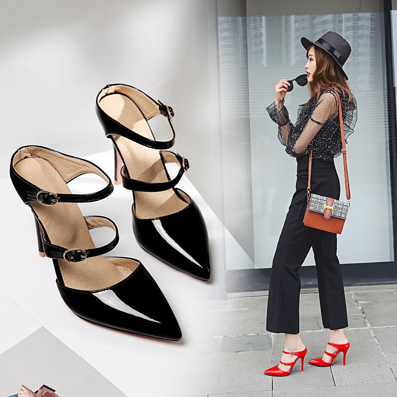 Vintage Summer High Heels Thick Heel High Heel Shallow Top Point Metal Stud Roman Style Sandals Oversized Shoes - Image 3