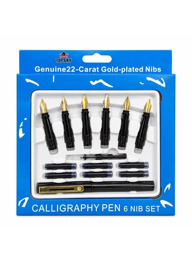 TOPSKY Genuine 22 Carat Gold Plated Nibs Pack:set Of 6 Refill Ink tube Blue Calligraphy Pen, 6 Nib Various for multiple use And Pen Consistent Writing, Smooth Flow- Black, Gold - Image 1