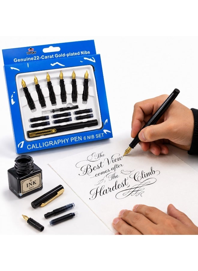 TOPSKY Genuine 22 Carat Gold Plated Nibs Pack:set Of 6 Refill Ink tube Blue Calligraphy Pen, 6 Nib Various for multiple use And Pen Consistent Writing, Smooth Flow- Black, Gold - Image 3