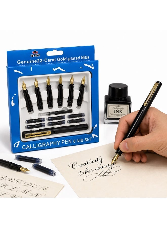 TOPSKY Genuine 22 Carat Gold Plated Nibs Pack:set Of 6 Refill Ink tube Blue Calligraphy Pen, 6 Nib Various for multiple use And Pen Consistent Writing, Smooth Flow- Black, Gold - Image 2