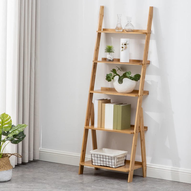 Maydear Bamboo Ladder Shelf Bookcase, 5-Tier Leaning Bookshelf Free Standing Organizer Storage Shelves for Living Room, Bedroom, Kitchen, Home Office, Balcony, Natural Wood - Image 2