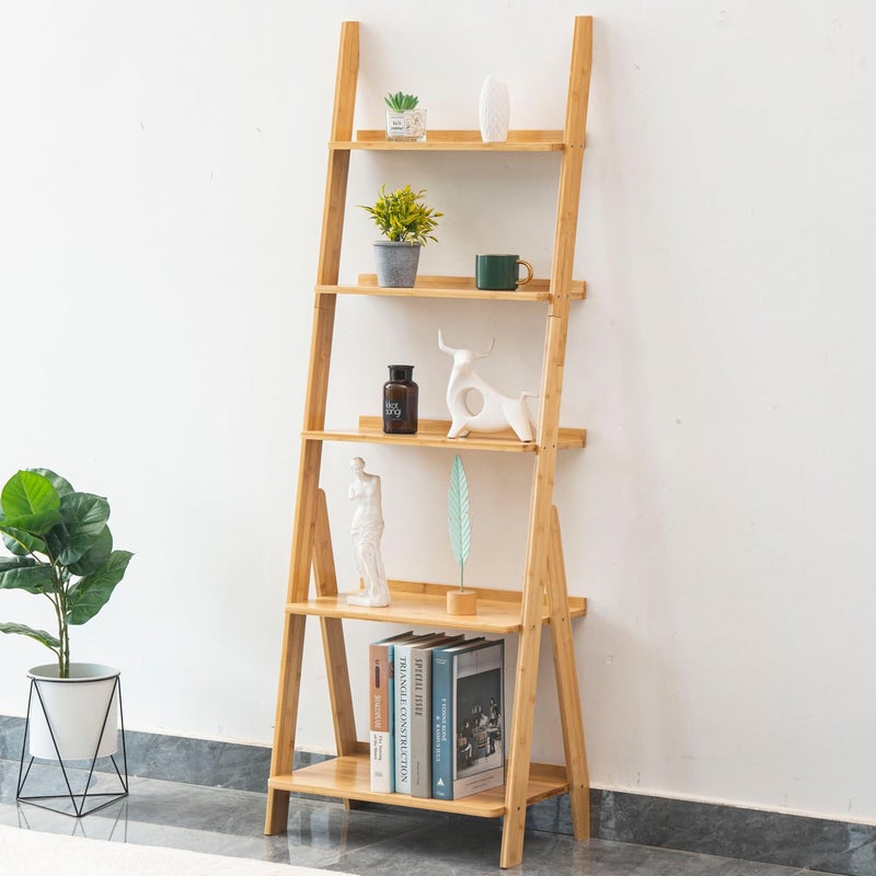 Maydear Bamboo Ladder Shelf Bookcase, 5-Tier Leaning Bookshelf Free Standing Organizer Storage Shelves for Living Room, Bedroom, Kitchen, Home Office, Balcony, Natural Wood - Image 1