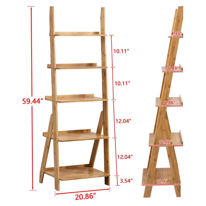 Maydear Bamboo Ladder Shelf Bookcase, 5-Tier Leaning Bookshelf Free Standing Organizer Storage Shelves for Living Room, Bedroom, Kitchen, Home Office, Balcony, Natural Wood - Image 3