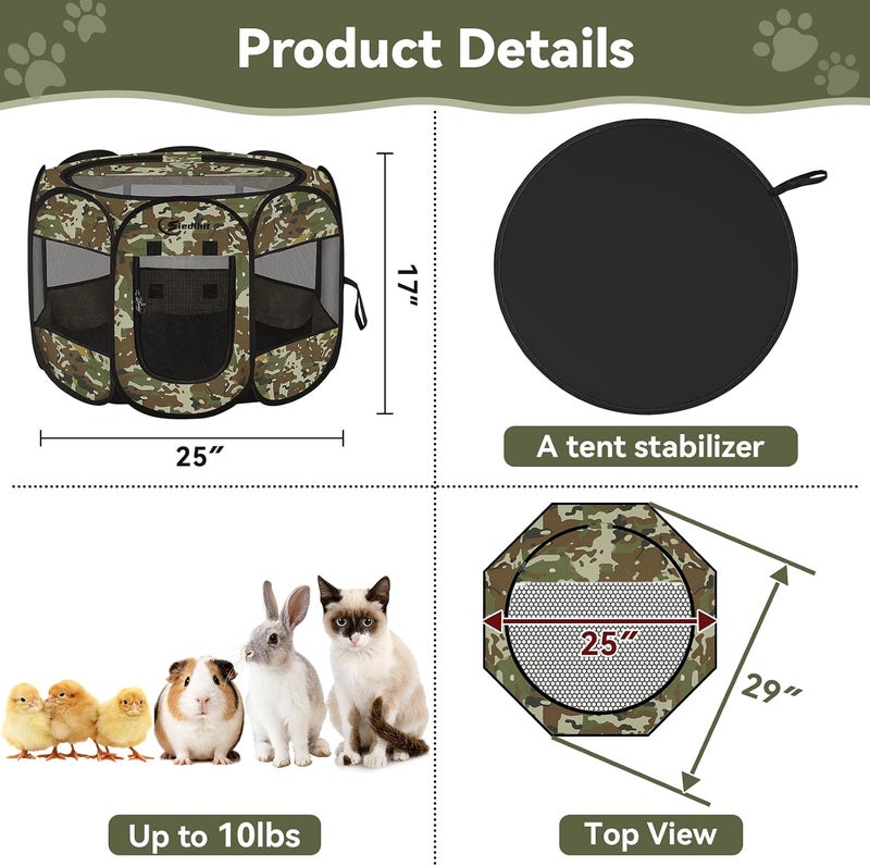 Siedihit Playpen for Small Dog Cat, Dogs Tent Crate Cage Indoor/Outdoor, Portable Pop Up Dog Kennel with Carrying Bag for Rabbits, Removable Top (Green Camo, Small) - Image 3