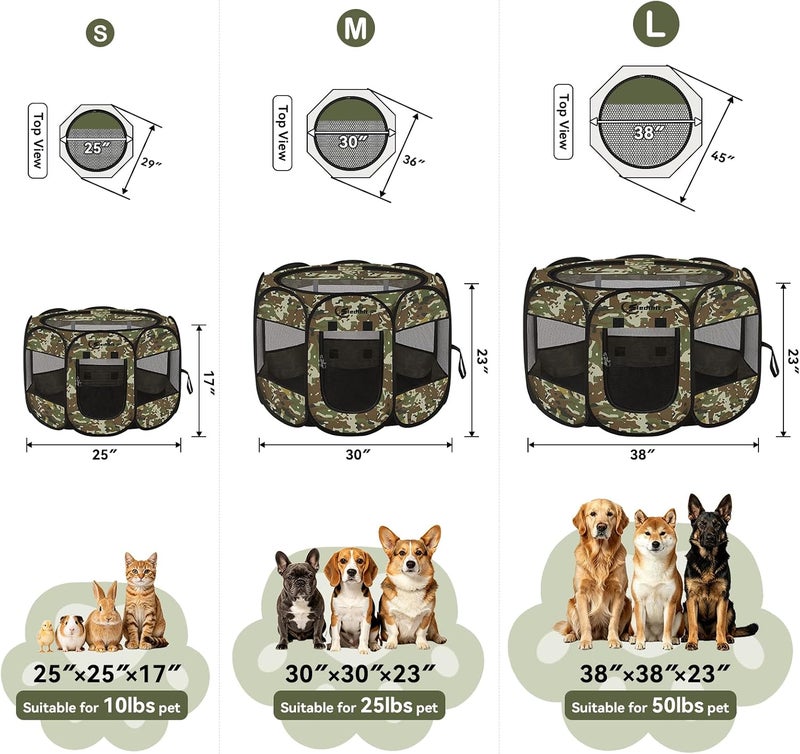 Siedihit Playpen for Small Dog Cat, Dogs Tent Crate Cage Indoor/Outdoor, Portable Pop Up Dog Kennel with Carrying Bag for Rabbits, Removable Top (Green Camo, Small) - Image 2