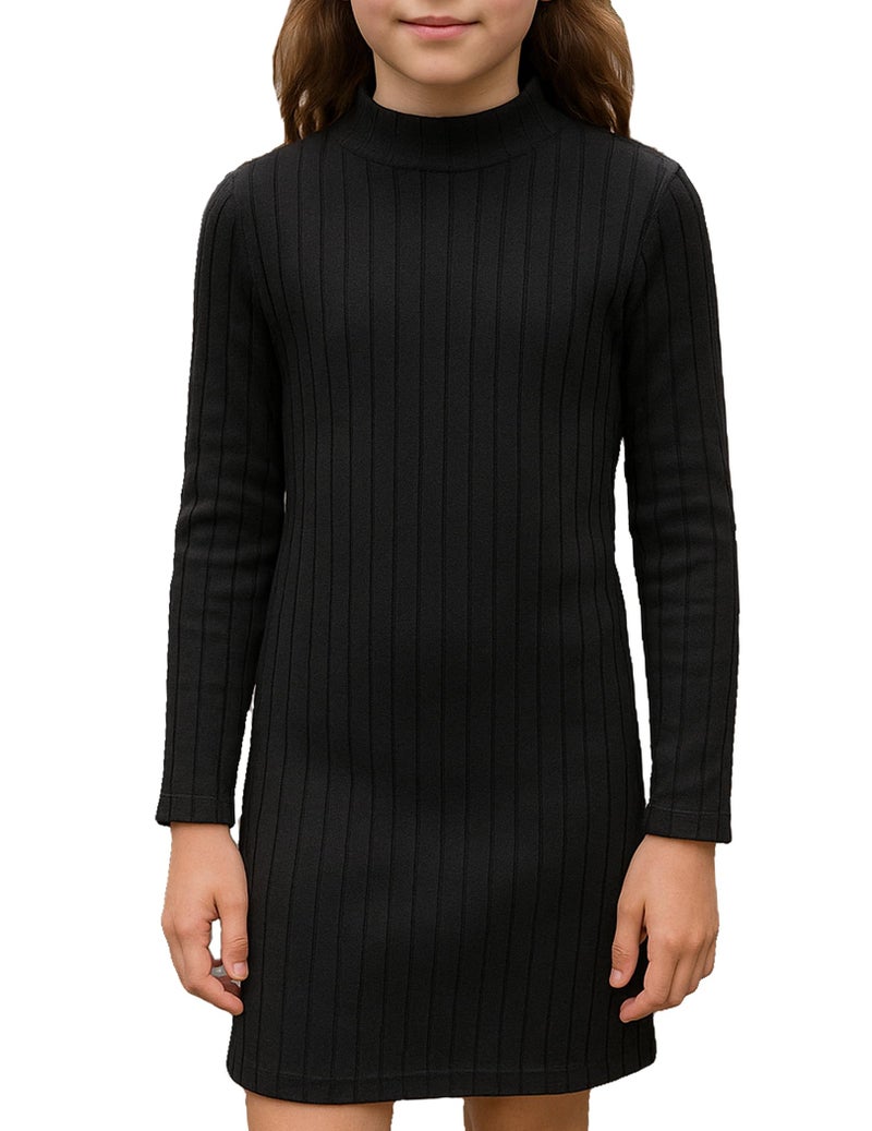 Yvowming Girl Long Sleeve Basic Dress Mock Neck Bodycon Knit Fitted Pencil Midi Dresses (US, Age, 10 Years, Black) - Image 1