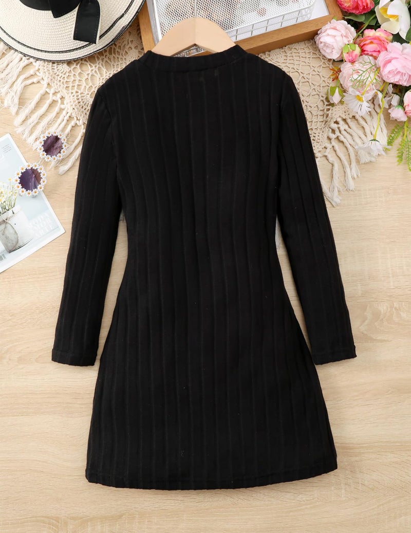 Yvowming Girl Long Sleeve Basic Dress Mock Neck Bodycon Knit Fitted Pencil Midi Dresses (US, Age, 10 Years, Black) - Image 3