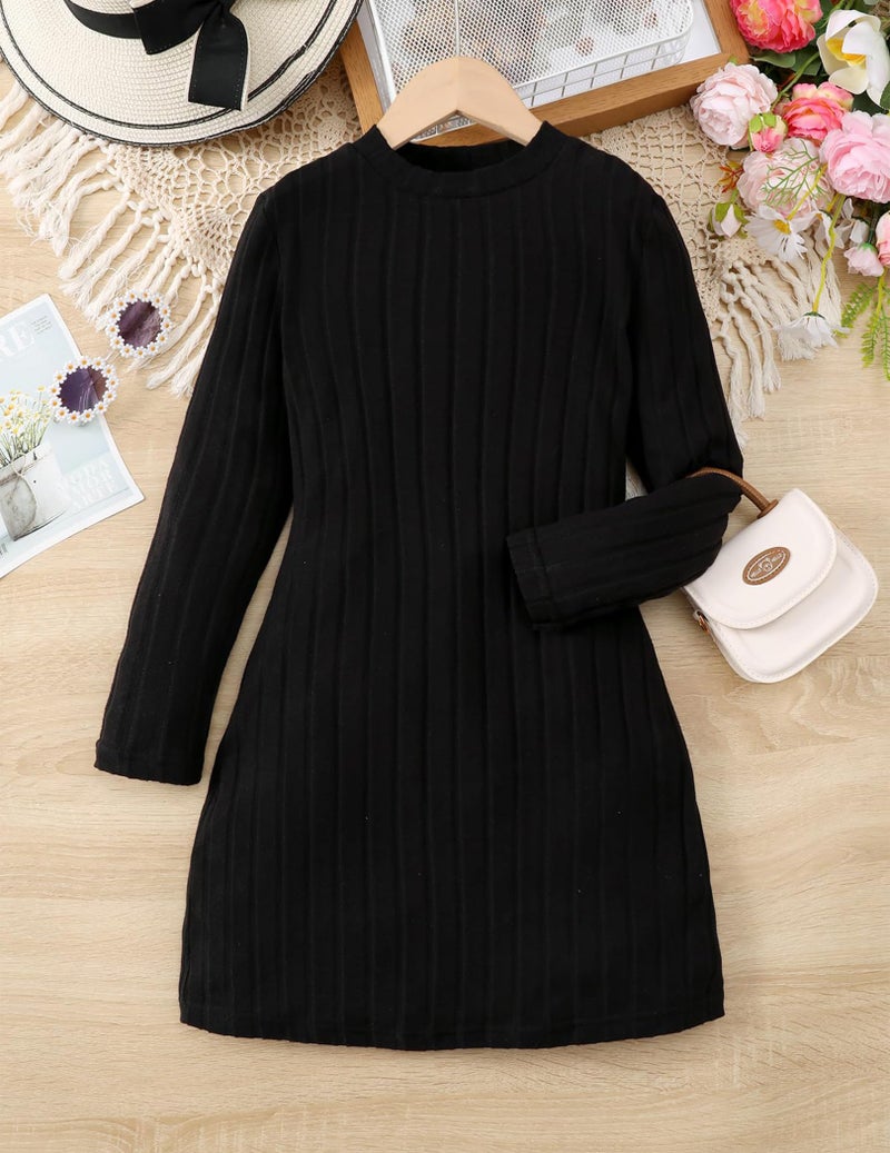 Yvowming Girl Long Sleeve Basic Dress Mock Neck Bodycon Knit Fitted Pencil Midi Dresses (US, Age, 10 Years, Black) - Image 2