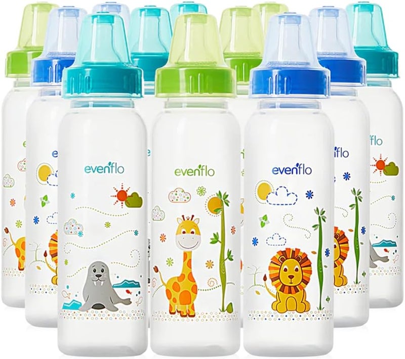 Evenflo Feeding Classic Prints Polypropylene Bottles for Baby, Infant and Newborn - Blue/Green/Teal, 8 Ounce (Pack of 12) - Image 1
