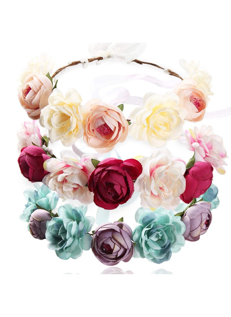 MOAMUN - 3PCS Handmade Flower Headband Floral Crown Bridal Hair Wreath Wedding Floral Garland Headpiece With Ribbon For Wedding Party Prom Photo Props - Image 1