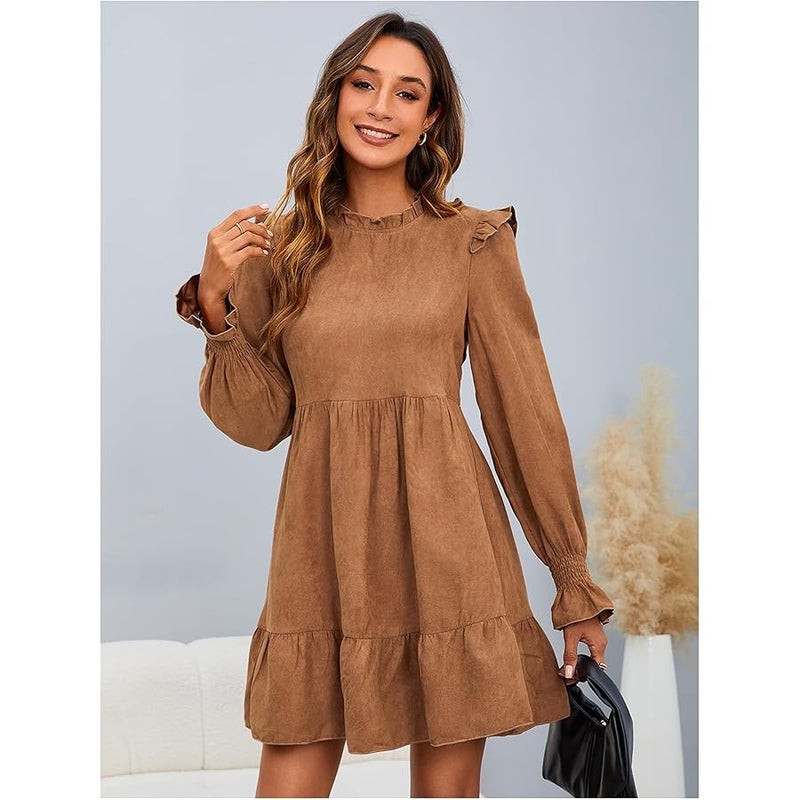 ميك ميشيك Women Ruffle Long Sleeve Stand Collar Ruched Ruffle Trim Short Dresses - Image 3