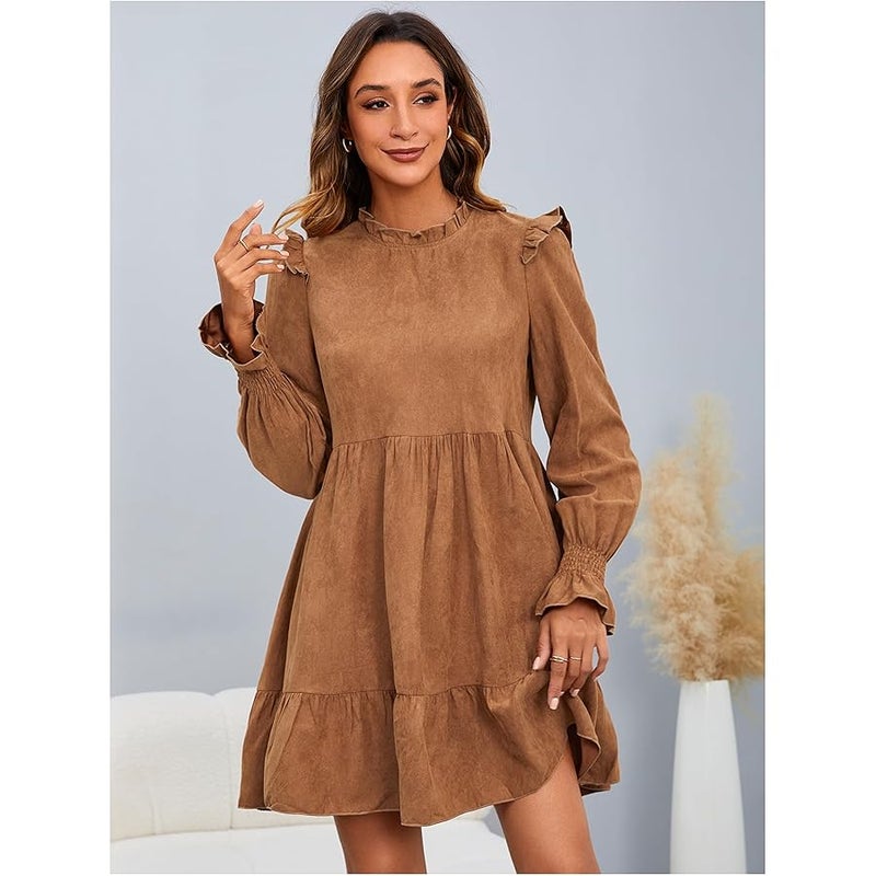 ميك ميشيك Women Ruffle Long Sleeve Stand Collar Ruched Ruffle Trim Short Dresses - Image 4