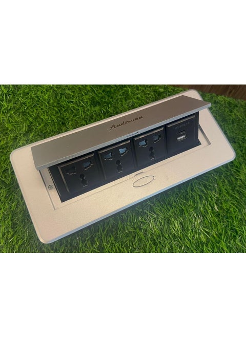 Audiovan Hydraulic Cable Cubby Pop Up Conference Box Cable Manager Socket Electrical Box With 3 Power Socket and 2 USB socket AC type Charger Silver Popup Box 3 Power 2 USB