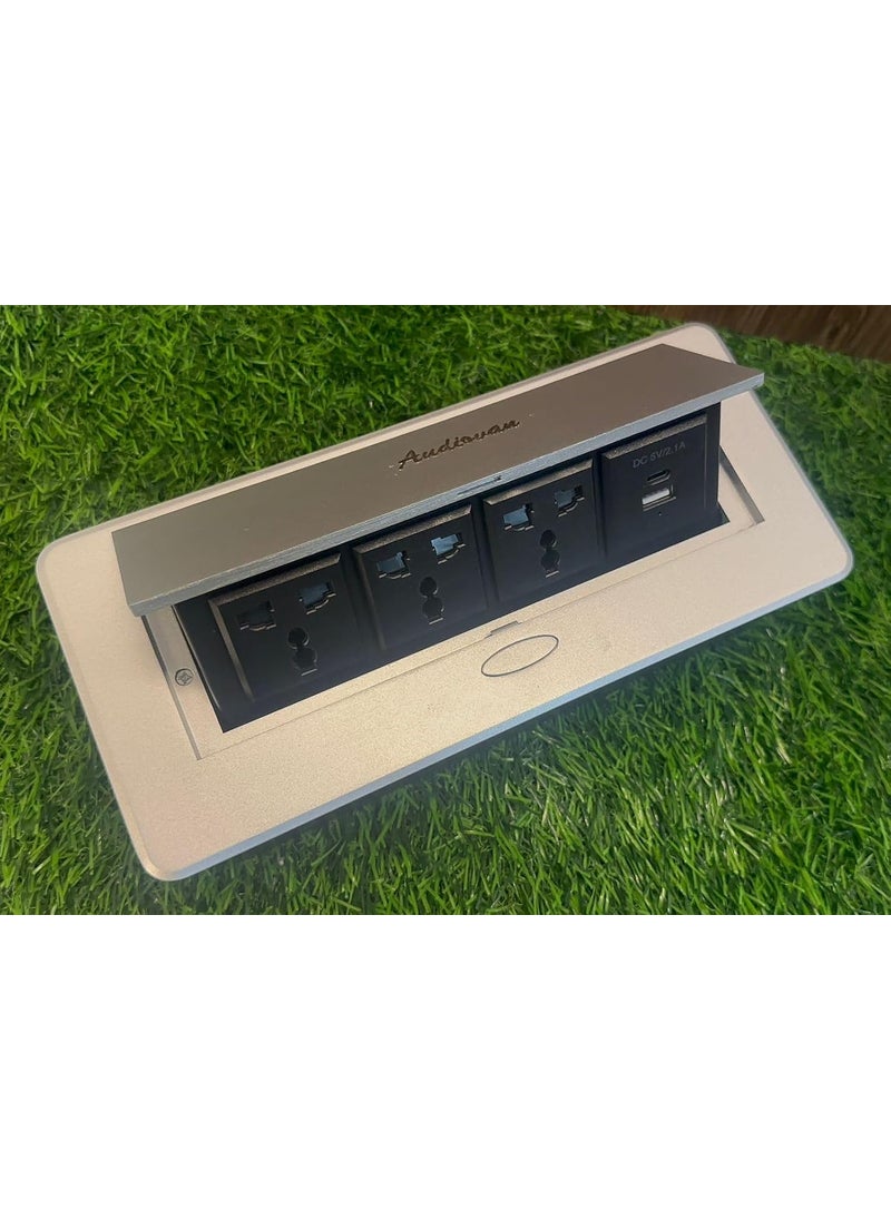 Audiovan Hydraulic Cable Cubby Pop Up Conference Box Cable Manager Socket Electrical Box With 3 Power Socket and 2 USB socket AC type Charger Silver Popup Box 3 Power 2 USB