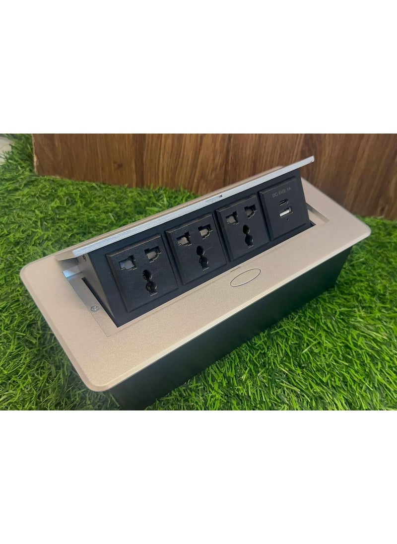 Audiovan Hydraulic Cable Cubby Pop Up Conference Box Cable Manager Socket Electrical Box With 3 Power Socket and 2 USB socket AC type Charger Silver Popup Box 3 Power 2 USB