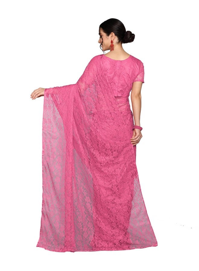 LOROFY LOROFY Women's Brasso Net Saree With Un-stiched Blouse (RosePink)  - Image 2