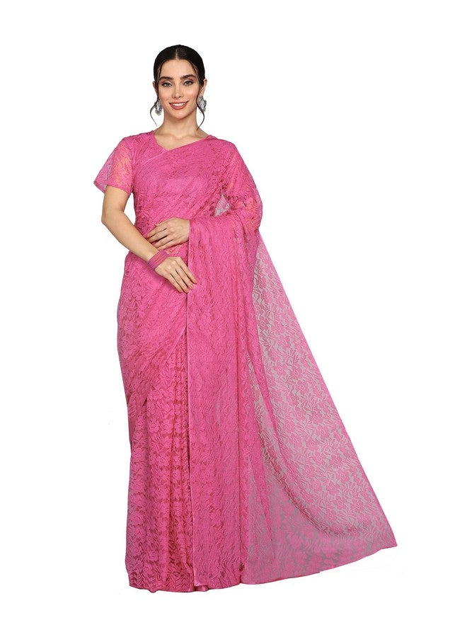 LOROFY LOROFY Women's Brasso Net Saree With Un-stiched Blouse (RosePink)  - Image 1