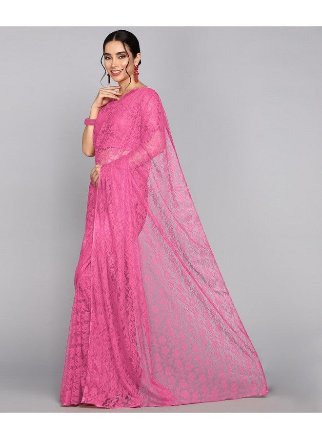 LOROFY LOROFY Women's Brasso Net Saree With Un-stiched Blouse (RosePink)  - Image 3