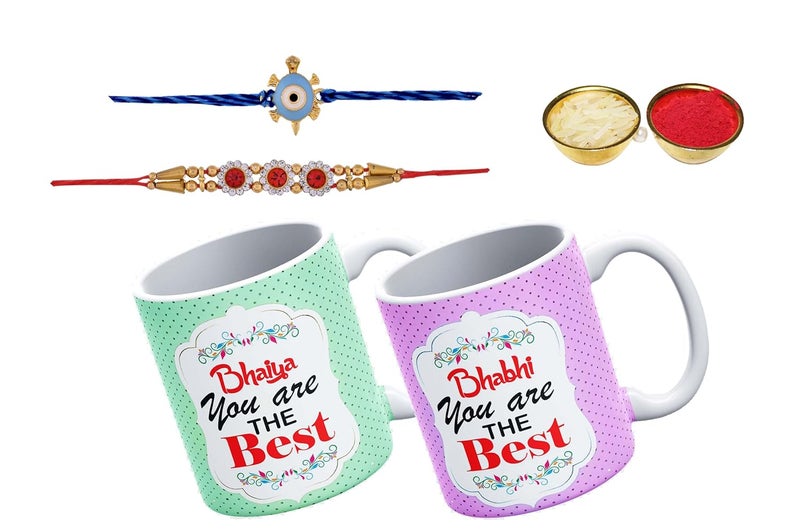 V Kraft World Best BHAIYA BHABHI Printed Unique Coffee Mug with Designer Rakhi for bhaiya bhabhi with roli chawal and Rakhi Special Wishes Card 330 ml C 07 - Image 1