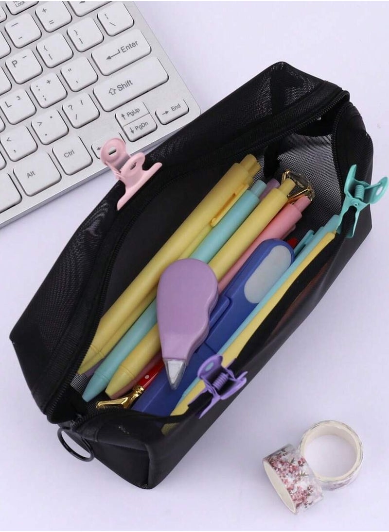 Generic 1PC Black Square Pencil Case - Large Capacity Breathable Transparent Mesh Nylon Pouch, Multi-Use for Stationery or Cosmetic Bag  - Image 2