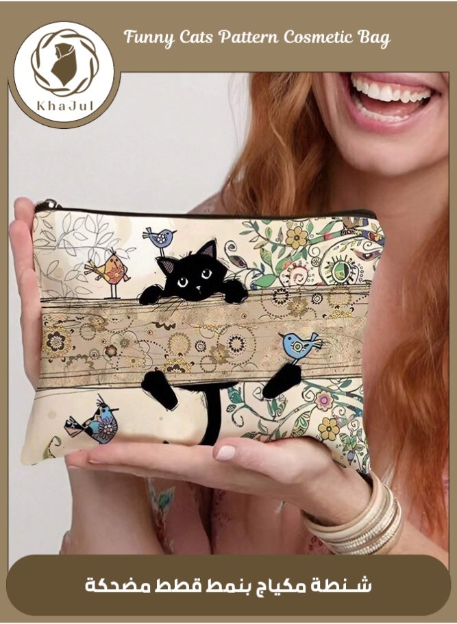 خاجول حقيبة مكياج على شكل قطة سوداء، حقيبة مستحضرات تجميل لطيفة مزينة برسومات قطط وزهور عتيقة، هدايا لمحبي القطط من النساء، حقائب هدايا لمحبي القطط من النساء والصديقات - Image 1