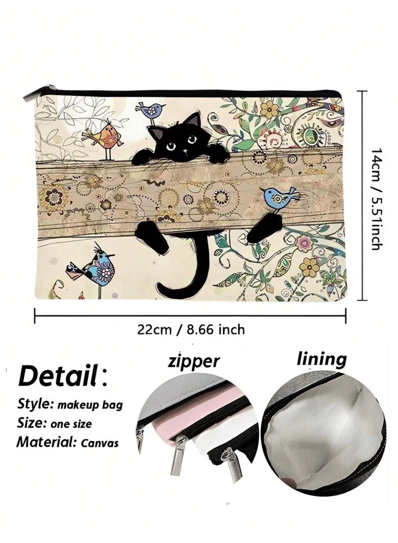 خاجول حقيبة مكياج على شكل قطة سوداء، حقيبة مستحضرات تجميل لطيفة مزينة برسومات قطط وزهور عتيقة، هدايا لمحبي القطط من النساء، حقائب هدايا لمحبي القطط من النساء والصديقات - Image 3